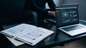 Documentos con marcas de confidencialidad junto a una computadora portátil que muestra un panel de control de seguridad informática.