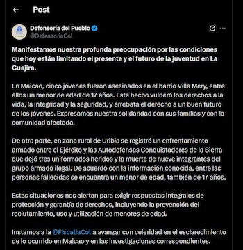La Defensoría del Pueblo exigió fortalecer medidas de protección y prevenir el reclutamiento de menores por grupos armados - crédito @DefensoriaCol/X