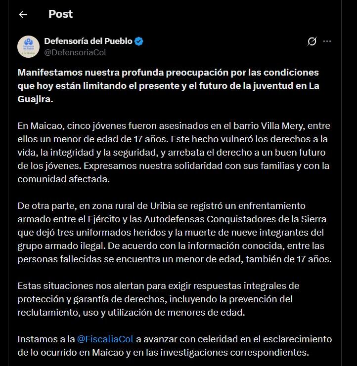 La Defensoría del Pueblo exigió fortalecer medidas de protección y prevenir el reclutamiento de menores por grupos armados - crédito @DefensoriaCol/X