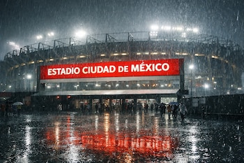 Vista frontal del Estadio Ciudad de México bajo una lluvia intensa por la noche. Un letrero rojo brillante con letras blancas dice "ESTADIO CIUDAD DE MÉXICO".