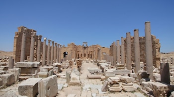 Vista amplia de ruinas antiguas, destacando una avenida con columnas de piedra en diversos estados de conservación y bloques de escombros bajo un cielo azul despejado.