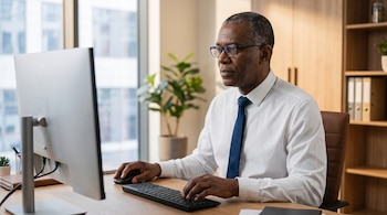 Hombre moreno adulto con gafas, camisa blanca y corbata azul en un escritorio de madera. Usa teclado y ratón frente a monitor gris en oficina con ventana.