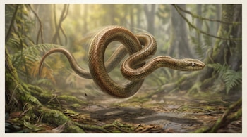 Ilustración de una serpiente marrón suspendida en el aire con el cuerpo en espiral sobre el suelo con hojas y musgo en un bosque.