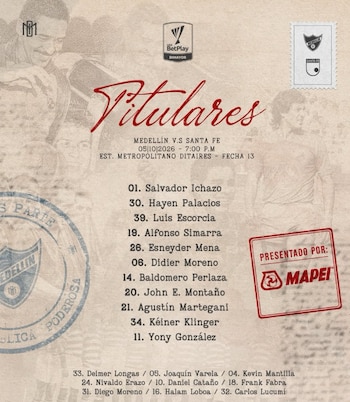 Once titular del Deportivo Independiente Medellín para enfrentar al Independiente Santa Fe en la fecha 13 de la Liga BetPlay 2026-II - crédito @dimoficialcom/Instagram