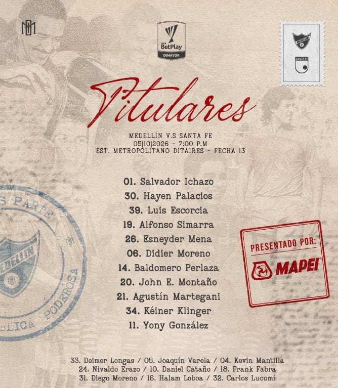 Once titular del Deportivo Independiente Medellín para enfrentar al Independiente Santa Fe en la fecha 13 de la Liga BetPlay 2026-II - crédito @dimoficialcom/Instagram