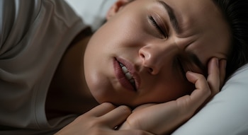 Primer plano de una persona durmiendo de costado con los ojos cerrados, la mandíbula tensa, la boca entreabierta y una mano en el rostro.