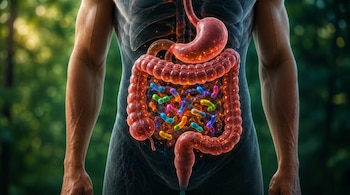 Torso humano con vista transparente del sistema digestivo, mostrando el estómago y los intestinos repletos de microorganismos coloridos. Fondo verde difuminado.