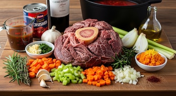 Carne de osobuco con hueso, zanahorias, apio, cebolla, ajo, romero, tomillo, azafrán, pasta de tomate, caldo, vino, aceite en tabla de madera