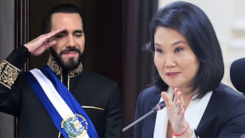 Composición con Nayib Bukele haciendo un saludo militar a la izquierda y Keiko Fujimori hablando ante un micrófono a la derecha
