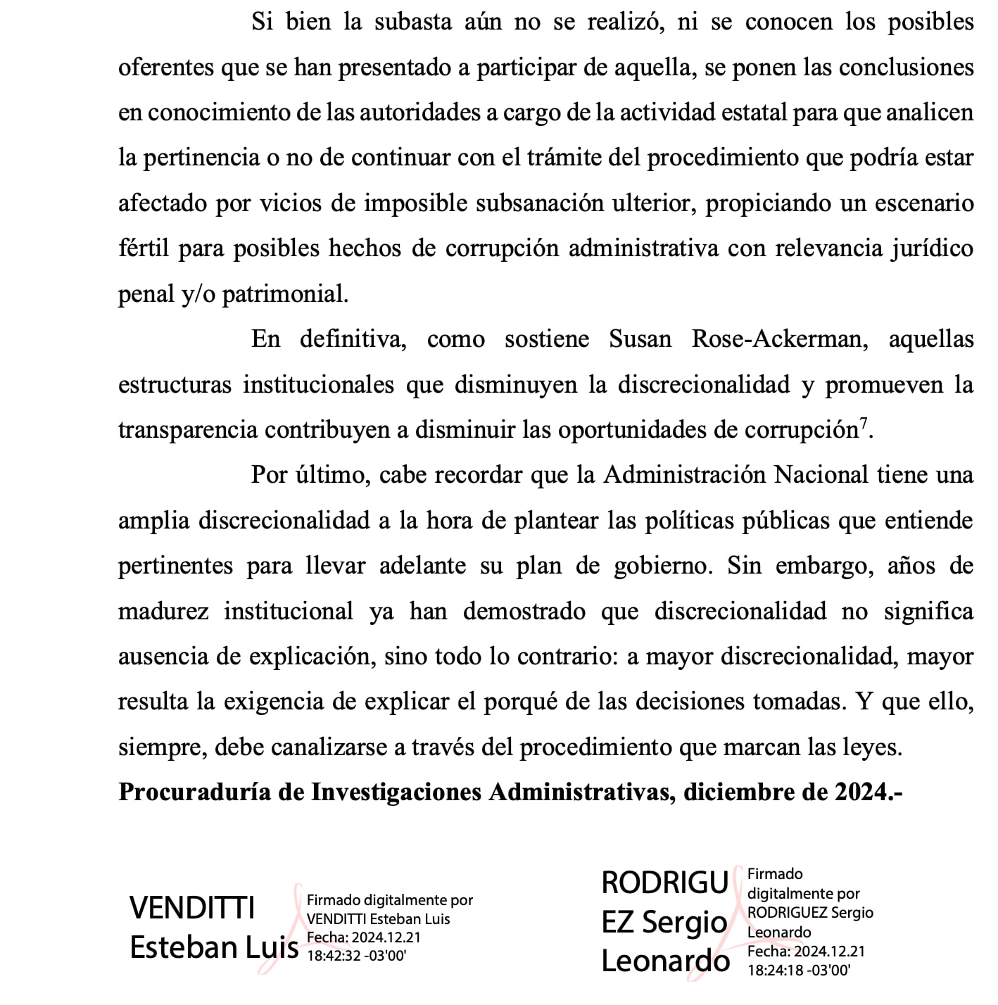 Conclusiones del dictamen de la PIA advirtiendo irregularidades en la convocatoria a subasta del edificio del INTA