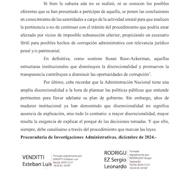 Conclusiones del dictamen de la PIA advirtiendo irregularidades en la convocatoria a subasta del edificio del INTA