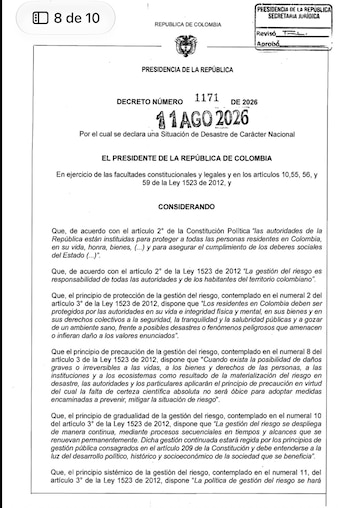 El Gobierno nacional también decretó desastre nacional tras el sismo de 7,4 que sacudió a Colombia - crédito Dapre