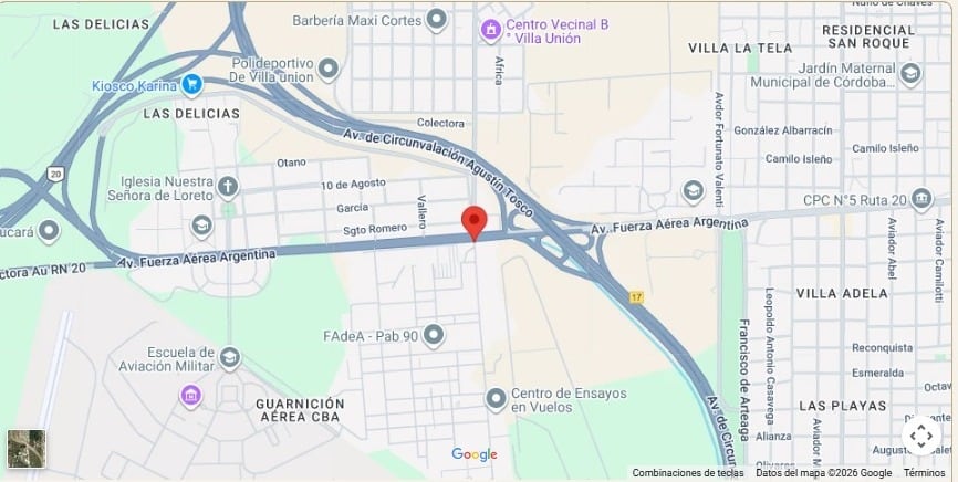 La ubicación de FAdeA, el lugar en donde se celebrará la Santa Misa en las afueras de la ciudad de Córdoba (Captura Google Maps)