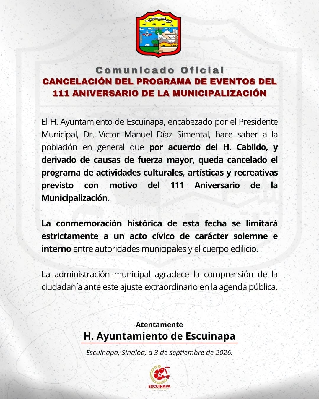 Comunicado del gobierno de Escuinapa confirmando la cancelación de los eventos. Crédito: Facebook - Gobierno de Escuinapa