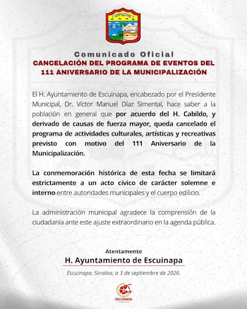Comunicado del gobierno de Escuinapa confirmando la cancelación de los eventos. Crédito: Facebook - Gobierno de Escuinapa