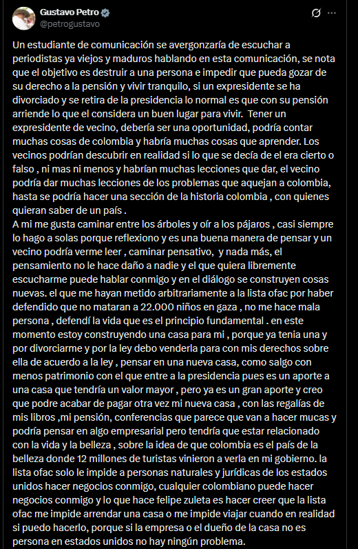 Gustavo Petro señaló que, tras un divorcio y el final de un mandato presidencial, una persona puede buscar una vivienda acorde con sus recursos - crédito @petrogustavo/X