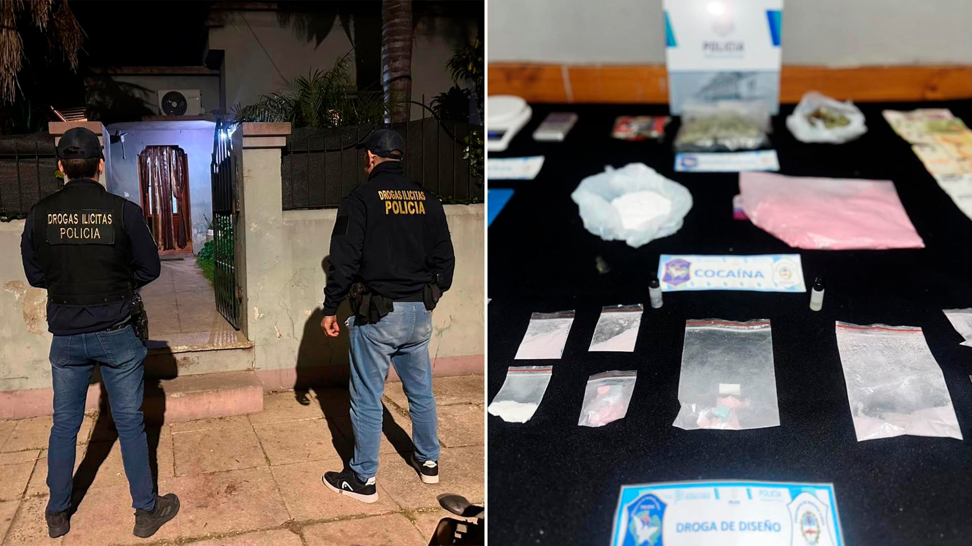 Agentes de la policía custodian una vivienda y exhiben estupefacientes incautados durante un operativo realizado en la ciudad de Junín.