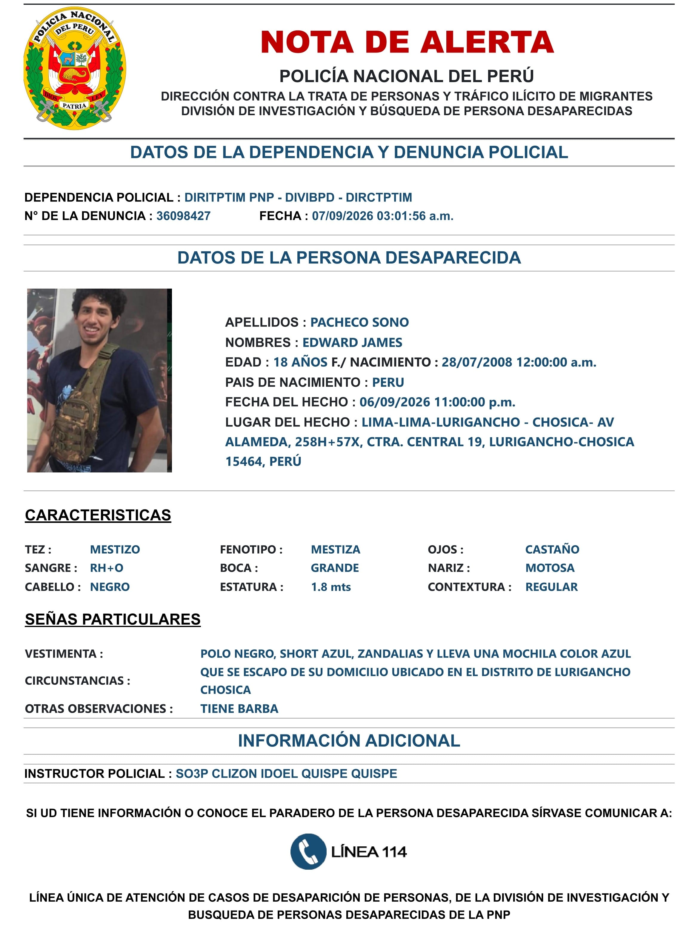 La Policía Nacional del Perú emitió una nota de alerta para ubicar a Edward James Pacheco Sono, un joven de 18 años desaparecido en el distrito de Lurigancho-Chosica, en Lima. (Composición / PNP)