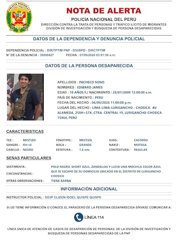Un afiche oficial de nota de alerta de la policía con la fotografía, datos personales y características físicas de un joven desaparecido