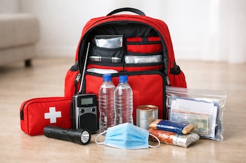 Mochila roja abierta, botiquín de primeros auxilios, radio portátil, linterna, dos botellas de agua, mascarilla, latas de alimentos, barras energéticas, documentos y dinero en bolsa hermética.