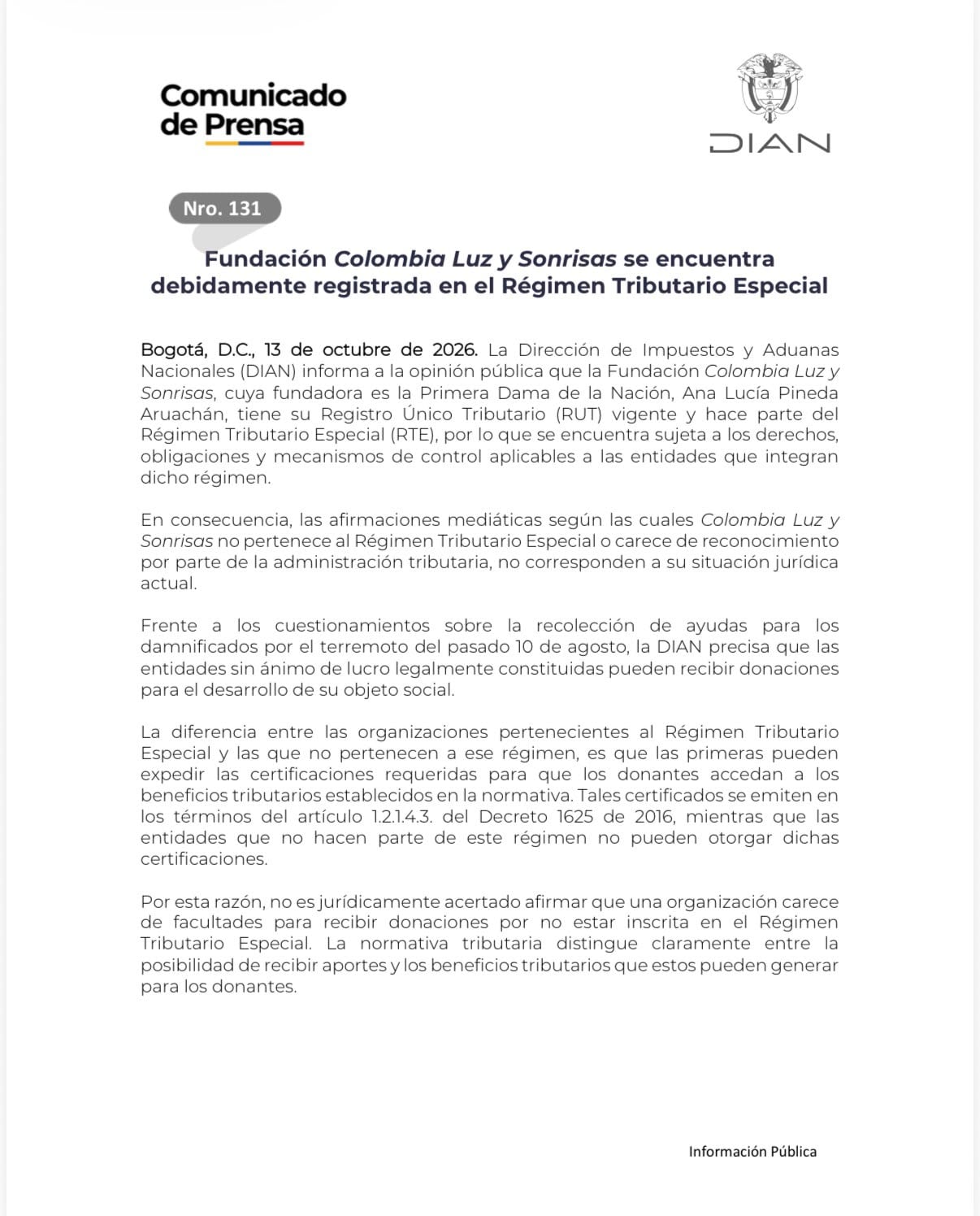 La Dirección de Impuestos y Aduanas Nacionales confirmó que la Fundación Colombia Luz y Sonrisas mantiene su registro activo en el Régimen Tributario Especial - crédito Dian