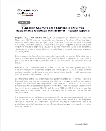 La Dirección de Impuestos y Aduanas Nacionales confirmó que la Fundación Colombia Luz y Sonrisas mantiene su registro activo en el Régimen Tributario Especial - crédito Dian