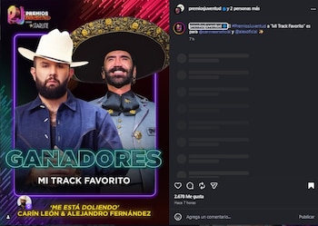 Carín León y Alejandro Fernández triunfaron con su canción “Me Está Doliendo”.