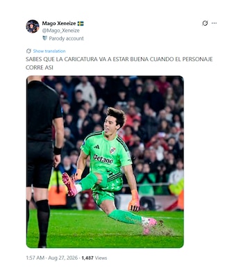 Captura de un mensaje en la red social X con un texto en español y la foto de un futbolista con uniforme verde que se desliza en el césped