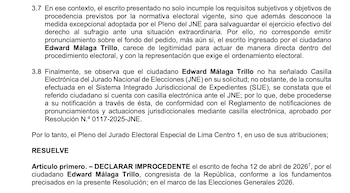 JEE desestima pedido de Edward Málaga