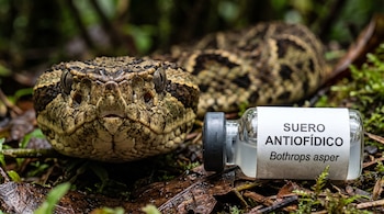 Cabeza de serpiente en primer plano frontal junto a un pequeño frasco de vidrio con una etiqueta que dice suero antiofídico Bothrops asper.