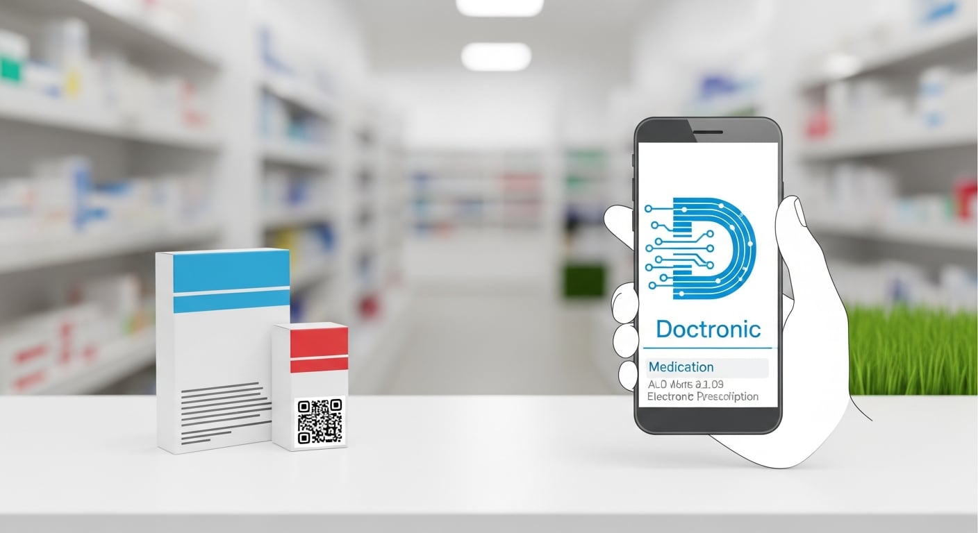 Una mano sostiene un teléfono móvil con una receta electrónica de Doctronic en el mostrador de una farmacia con estanterías borrosas. (Imagen Ilustrativa Infobae)