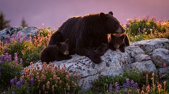 Una osa negra y dos crías sobre una roca rodeada de flores moradas al atardecer.