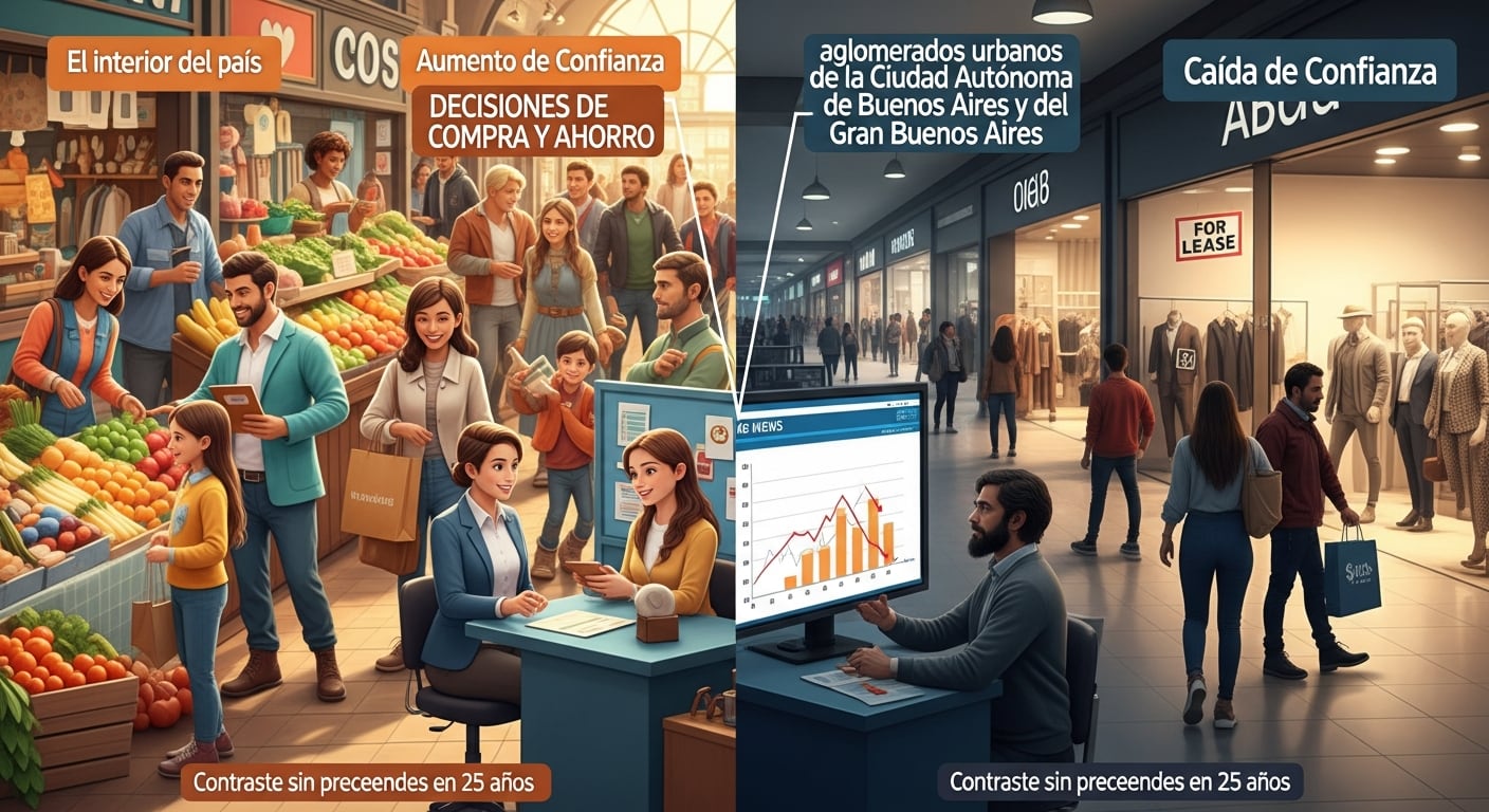 La confianza del consumidor experimenta un aumento en el interior del país para decisiones de compra y ahorro, mientras que cae significativamente en los aglomerados urbanos de CABA y GBA, marcando un contraste sin precedentes en 25 años. (Imagen Ilustrativa Infobae)