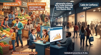 Imagen dividida: izquierda, mercado vibrante con compradores; derecha, centro comercial con tiendas vacías y poca gente. Ambos lados muestran analistas de datos frente a pantallas.
