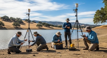 Cuatro científicos instalan equipos de medición junto a un embalse. Dos trípodes con sensores modernos se elevan sobre la orilla árida, con colinas y cielo azul.