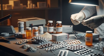 Manos con guantes sujetan un blíster de pastillas sobre una mesa con botellas, cajas, montones de polvo y otros blísteres de medicamentos.
