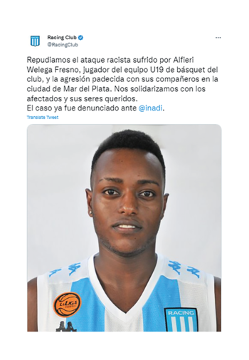Captura del tuit de Racing