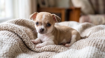 Un cachorro de chihuahua beige y blanco yace sobre una manta de lana de color claro.