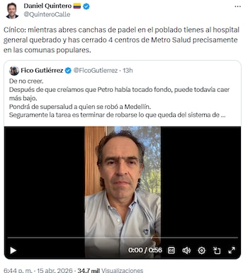 Daniel Quintero acusó a Federico Gutiérrez de cerrar centros de salud y priorizar obras deportivas en Medellín - crédito @QuinteroCalle/X