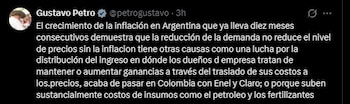 Mensaje publicado en X por el presidente Gustavo Petro, en el que cuestiona las causas de la inflación y señala el caso de Argentina como ejemplo del debate económico regional - créduto Gustavo Petro/X