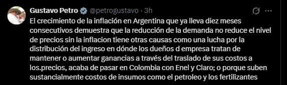Mensaje publicado en X por el presidente Gustavo Petro, en el que cuestiona las causas de la inflación y señala el caso de Argentina como ejemplo del debate económico regional - créduto Gustavo Petro/X