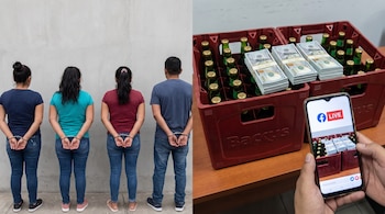 Cuatro personas esposadas de espaldas contra una pared gris. Dos cajas rojas con botellas de cerveza, fajos de billetes de cien dólares. Un móvil con Facebook Live.