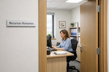 Cartel de Recursos Humanos en una pared blanca, puerta de madera abierta, mujer sentada trabajando en un ordenador en un escritorio de oficina.