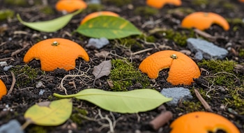 Cáscaras de naranja en distintos estados de descomposición sobre tierra oscura con musgo verde, hojas caídas, raíces expuestas y pequeñas piedras.
