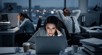 Tres personas en una oficina oscura trabajando hasta tarde; una mujer estresada mirando su laptop, otra con la cabeza entre las manos y un hombre reclinado agotado.