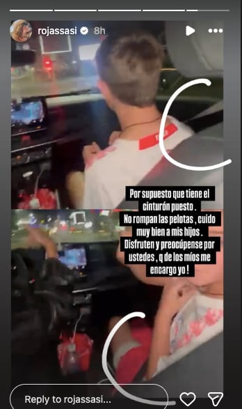 Sabrina Rojas compartió una captura de pantalla defendiendo el uso del cinturón de seguridad por parte de sus hijos en el automóvil, respondiendo a críticas