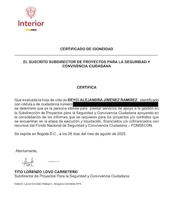 Certificación oficial emitida el 28 de agosto de 2025 por la Subdirección de Proyectos para la Seguridad y Convivencia Ciudadana para avalar el perfil de Deyci Jiménez - crédito Dapre