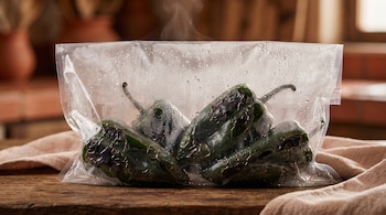 Bolsa de plástico transparente con vapor y cuatro chiles poblanos asados en su interior, colocada sobre una mesa de madera.