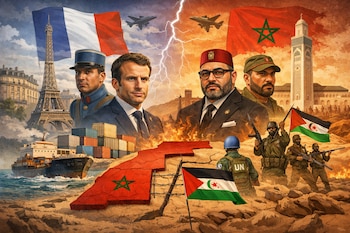 Banderas de Francia, Marruecos y Sahara Occidental; Torre Eiffel, Macron, Rey Mohamed VI, soldados, minarete, aviones, mapas territoriales, buque y casco azul.