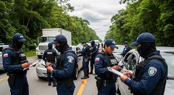 Agentes con uniformes azules, gorras y pasamontañas inspeccionan automóviles y un camión blanco en una carretera con árboles y conos bajo un cielo nublado.